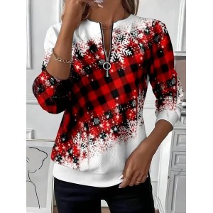 Women Plaid Crew Neck Printing Casual Spring/Fall Long Sleeve Sweatshirt