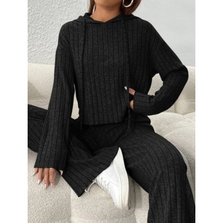 Women Plain Embossed Two-Piece Set Daily Long Sleeve Casual Spring/Fall Top With Pants Matching Set