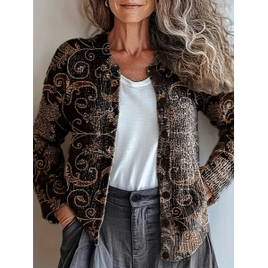 Women Floral Printing Long Sleeve Crew Neck Vintage Spring/Fall Cardigan Outerwear