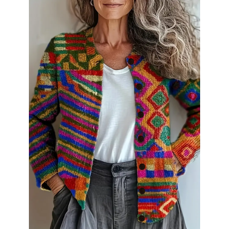 Women Abstract Printing Long Sleeve Crew Neck Vintage Spring/Fall Cardigan Outerwear