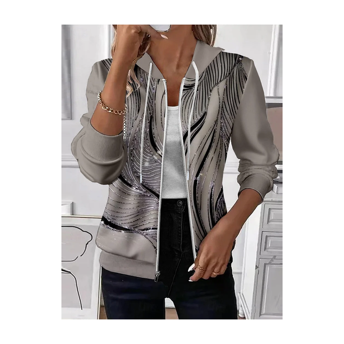 Women Spring/Fall Outerwear Casual Printing Abstract Long Sleeve Hoodie Jacket