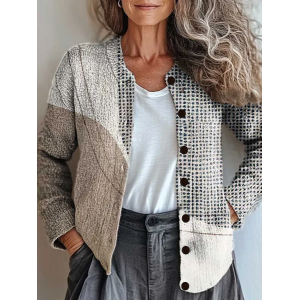 Women Abstract Printing Long Sleeve Crew Neck Vintage Spring/Fall Cardigan Outerwear