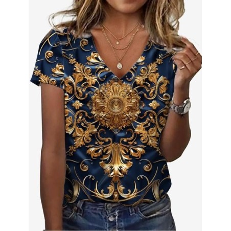 Women's Short Sleeve Tee T-shirt Summer Ethnic Jersey V Neck Holiday Going Out Casual Top
