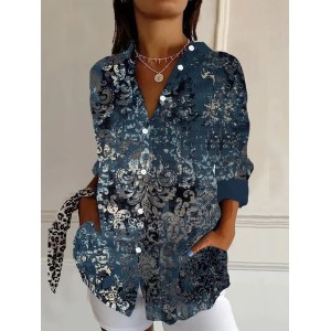 Women's Long Sleeve Shirt Spring/Fall Ethnic Shirt Collar Daily Going Out Casual Top