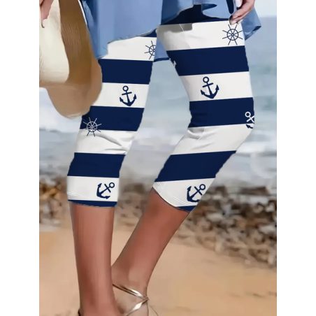 Women's Striped Capris Elastic Waist Pant Casual Summer Trousers