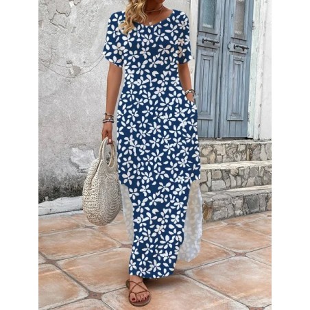 Women's Floral Short Sleeve Summer Printing Dress V Neck Daily Casual Maxi T-Shirt Dress H-Line Dress