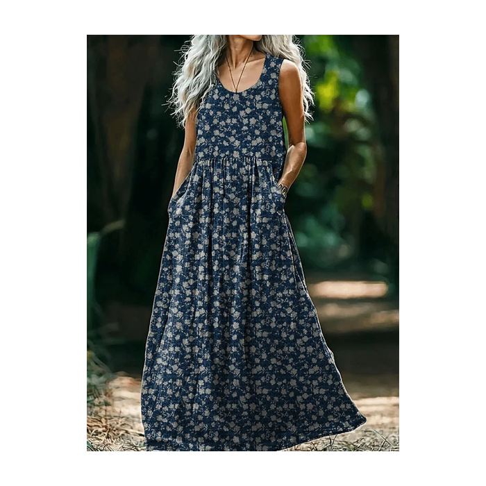 Women's Floral Sleeveless Summer Printing Dress Crew Neck Daily Casual Maxi Tank H-Line Dress
