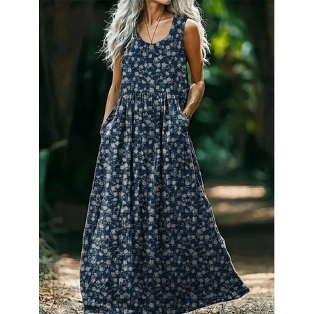 Women's Floral Sleeveless Summer Printing Dress Crew Neck Daily Casual Maxi Tank H-Line Dress