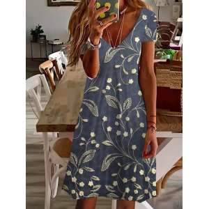 Women Floral Short Sleeve Summer Printing Dress V Neck Daily Casual Midi Fit & Flare Dress A-Line Dress