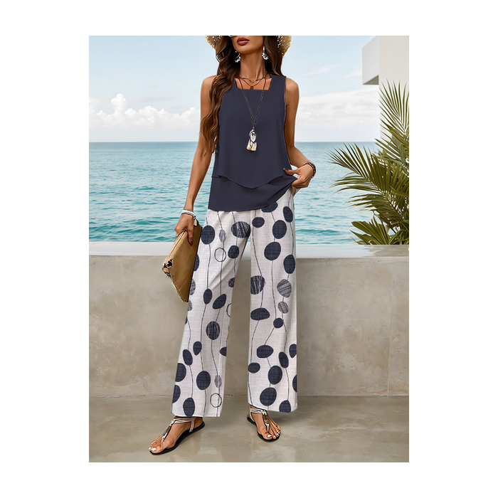 Women Polka Dots Printing Two-Piece Set Daily Sleeveless Casual Summer Top With Pants Matching Set