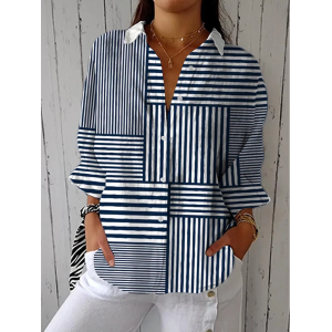Women Striped Three Quarter Sleeve Shirt Spring/Fall Printing Shirt Collar Daily Casual Top