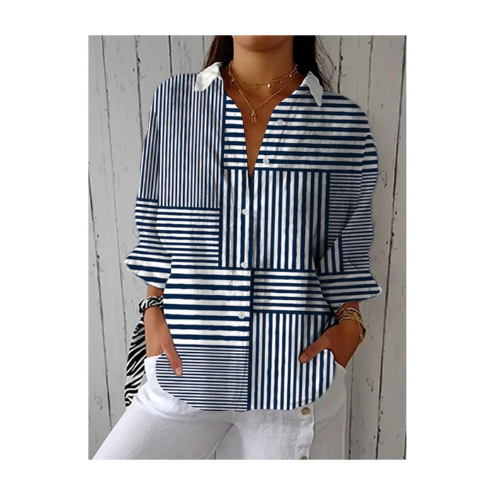 Women Striped Three Quarter Sleeve Shirt Spring/Fall Printing Shirt Collar Daily Casual Top