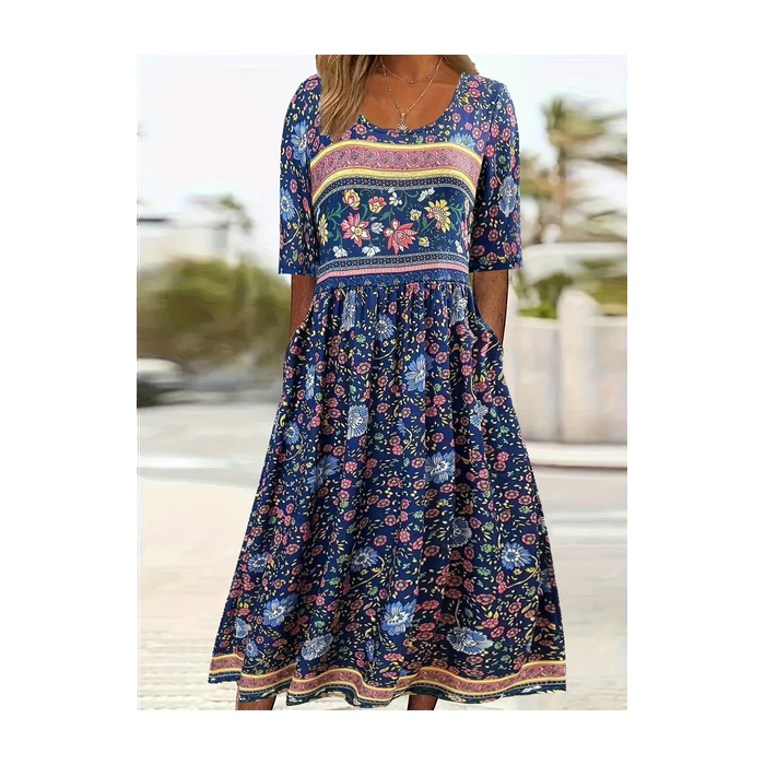 Women Floral Half Sleeve Summer Printing Dress Crew Neck Daily Casual Maxi A-Line Dress