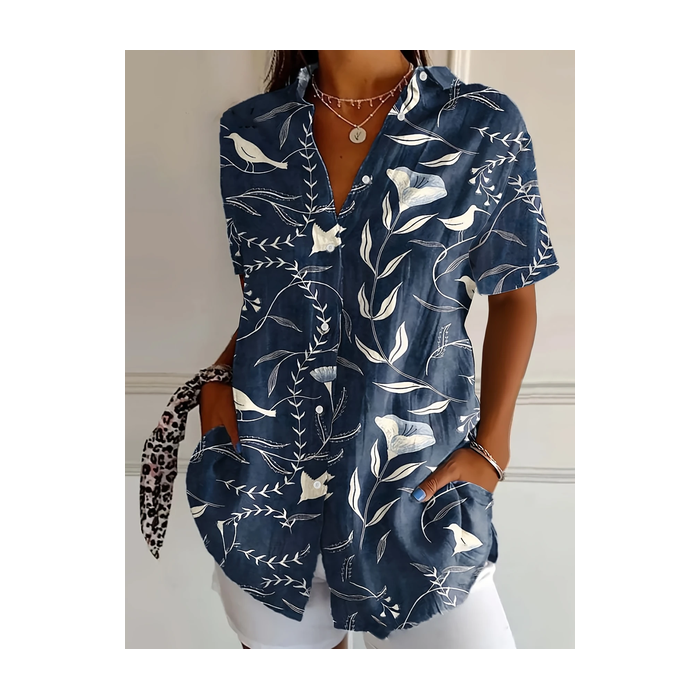 Women Floral Short Sleeve Shirt Summer Printing Shirt Collar Daily Casual Top