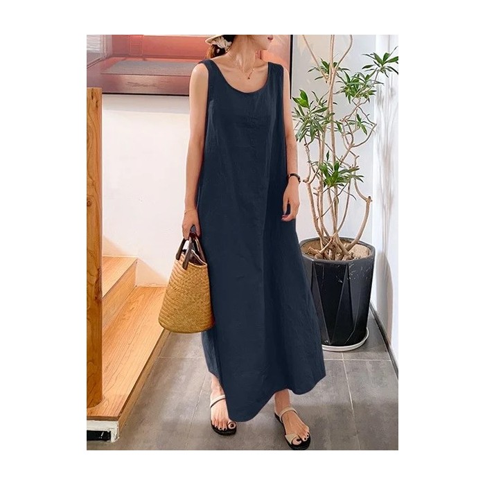 Women Plain Sleeveless Summer Split Joint Dress Crew Neck Daily Vintage Maxi Tank A-Line Dress