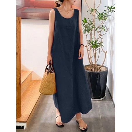 Women Plain Sleeveless Summer Split Joint Dress Crew Neck Daily Vintage Maxi Tank A-Line Dress