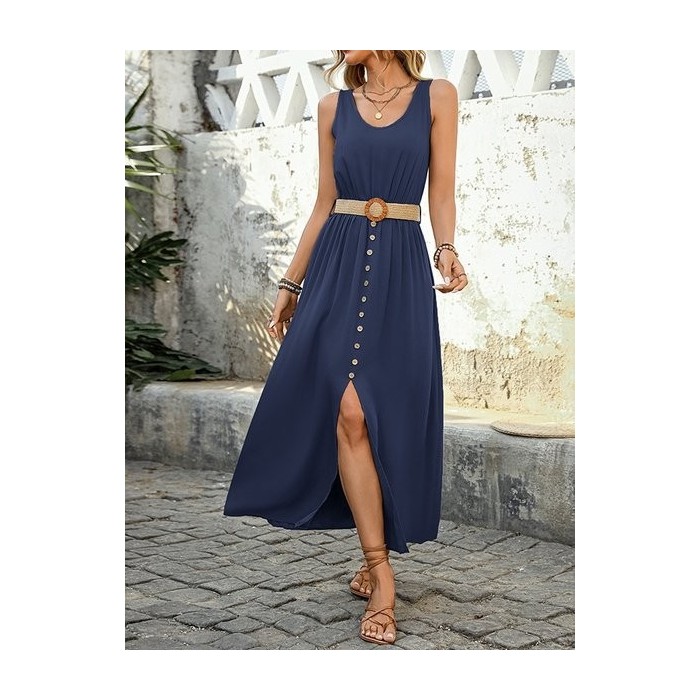 Women Plain Sleeveless Summer Split Joint Dress V Neck Daily Vintage Maxi Tank A-Line Dress