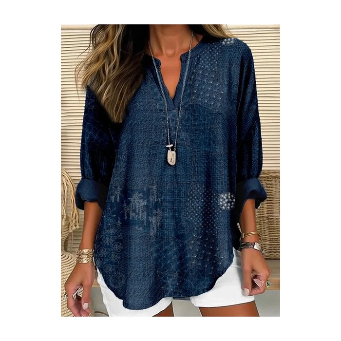 Women Abstract Long Sleeve Blouse Spring/Fall Printing V Neck Daily Casual Top
