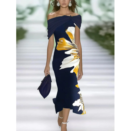 Women Floral Cap Sleeve Summer Printing Dress Cold Shoulder Daily Vintage Maxi H-Line Dress