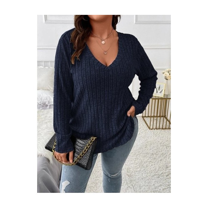 Plain Sexy Loose V Neck Long-sleeved Ribbed Loose T-shirt
