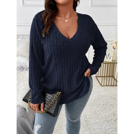 Plain Sexy Loose V Neck Long-sleeved Ribbed Loose T-shirt