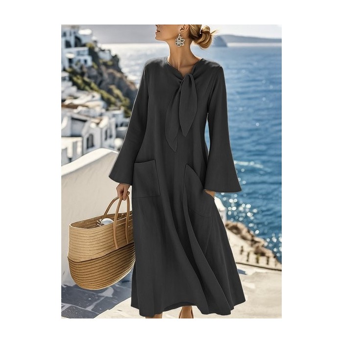 Women Plain Long Sleeve Spring/Fall Split Joint Dress Crew Neck Daily Vintage Maxi Tank A-Line Dress