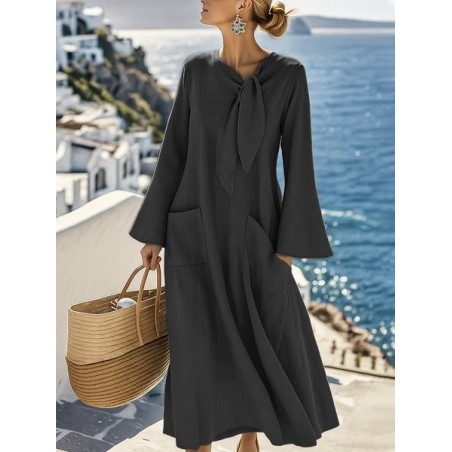 Women Plain Long Sleeve Spring/Fall Split Joint Dress Crew Neck Daily Vintage Maxi Tank A-Line Dress