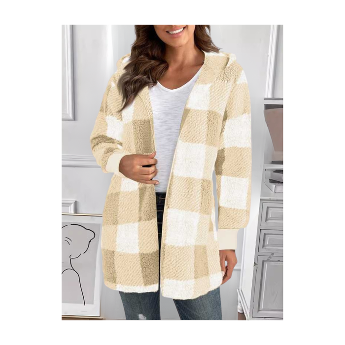 Women Spring/Fall Outerwear Vintage Split Joint Plaid Long Sleeve Hooded Jacket