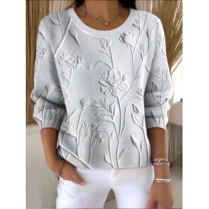 Women Floral Spring/Fall Vintage Long Sleeve Crew Neck Cotton Sweater