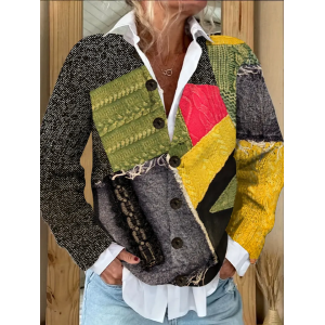 Women Abstract Printing Long Sleeve Crew Neck Vintage Spring/Fall Cardigan Outerwear