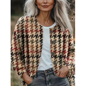 Women Houndstooth Printing Long Sleeve Crew Neck Vintage Spring/Fall Cardigan Outerwear