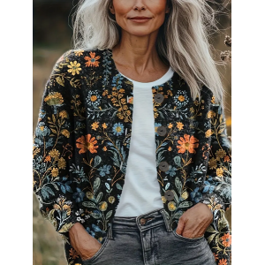 Women Floral Printing Long Sleeve Crew Neck Vintage Spring/Fall Cardigan Outerwear