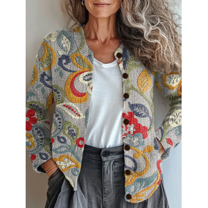 Women Floral Printing Long Sleeve Crew Neck Vintage Spring/Fall Cardigan Outerwear