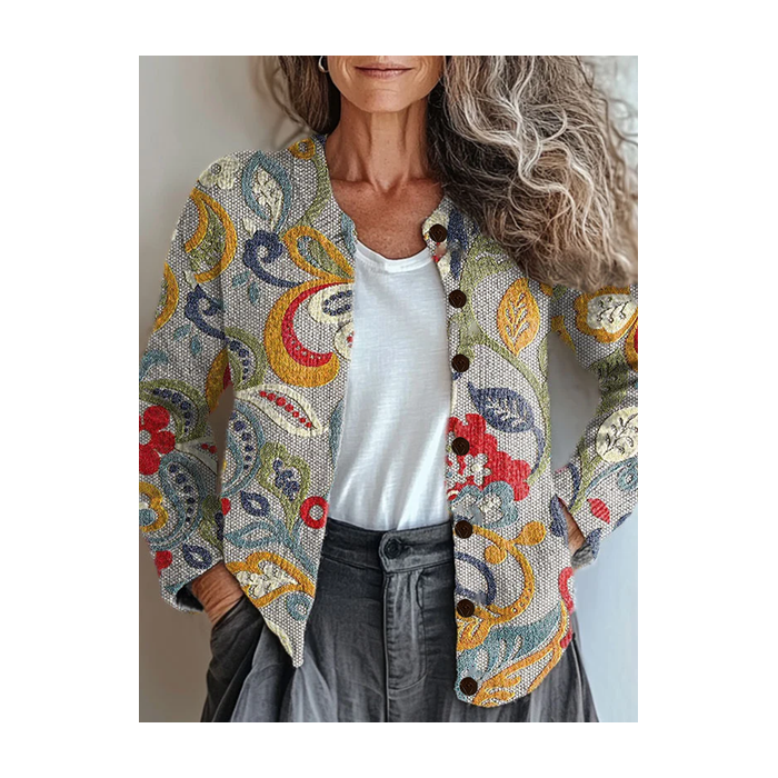 Women Floral Printing Long Sleeve Crew Neck Vintage Spring/Fall Cardigan Outerwear