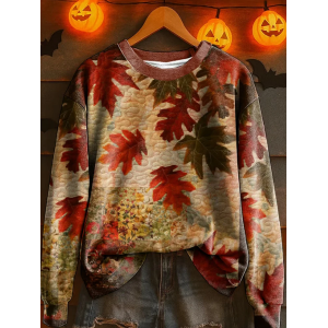 Women Maple Leaf Crew Neck Printing Casual Spring/Fall Long Sleeve Sweatshirt