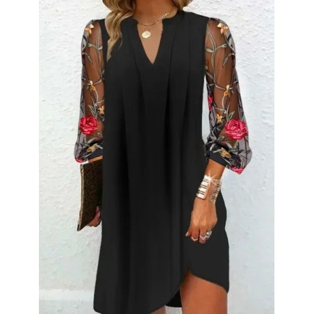 Women Floral Long Sleeve Spring/Fall Dress V Neck Holiday Sexy Midi Prom Dress H-Line Dress