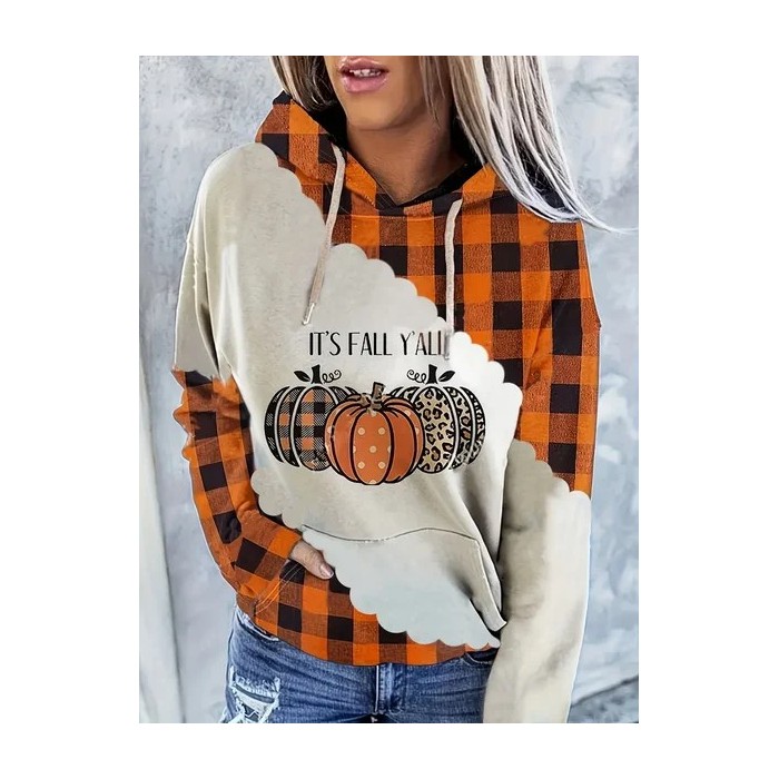 Women Plaid Spring/Fall Printing Long Sleeve Casual Daily Hoodie