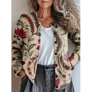 Women Floral Printing Long Sleeve Crew Neck Vintage Spring/Fall Cardigan Outerwear