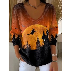 Women Halloween Long Sleeve Tee T-shirt V Neck Printing Casual Spring/Fall Top