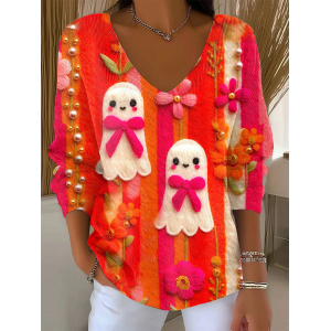 Women Floral Long Sleeve Tee T-shirt V Neck Printing Casual Spring/Fall Top