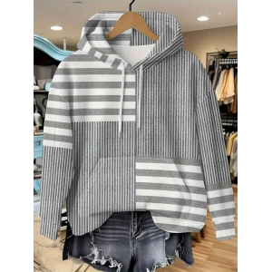 Women Striped Spring/Fall Printing Long Sleeve Casual Daily Hoodie