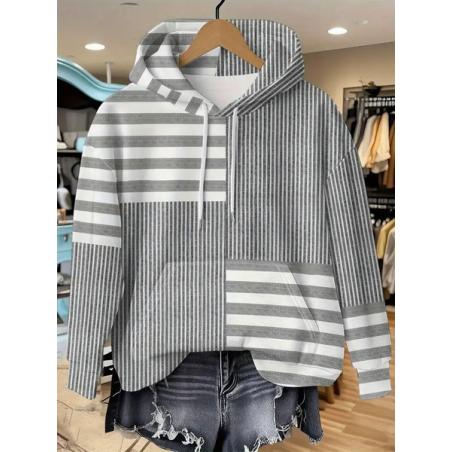 Women Striped Spring/Fall Printing Long Sleeve Casual Daily Hoodie