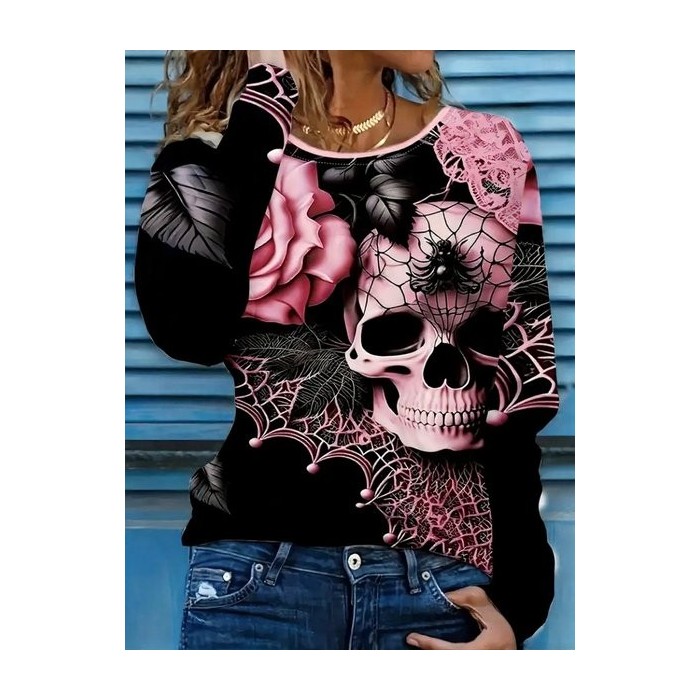 Women Skull Long Sleeve Tee T-shirt Crew Neck Printing Casual Spring/Fall Graphic Tee Top