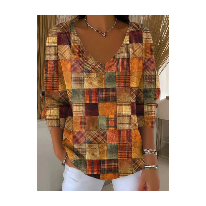 Women Abstract Long Sleeve Tee T-shirt V Neck Printing Casual Spring/Fall Top