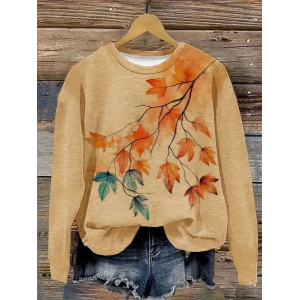 Women Maple Leaf Crew Neck Printing Casual Spring/Fall Long Sleeve Sweatshirt