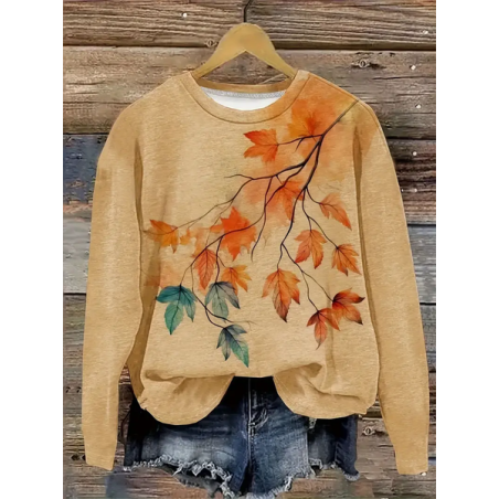 Women Maple Leaf Crew Neck Printing Casual Spring/Fall Long Sleeve Sweatshirt