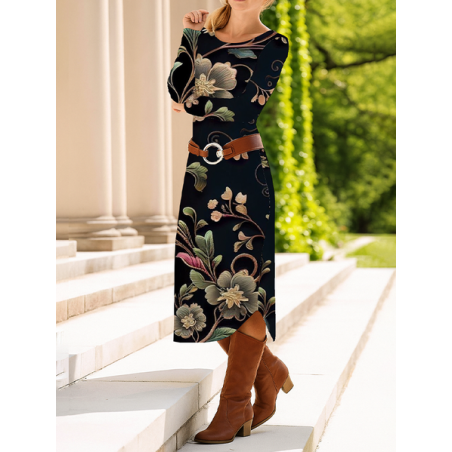 Women Floral Long Sleeve Spring/Fall Dress Crew Neck Daily Casual Midi T-Shirt Dress A-Line Dress