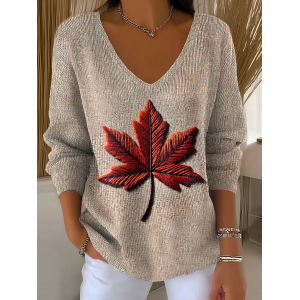 Women Maple Leaf Long Sleeve Tee T-shirt V Neck Printing Casual Spring/Fall Top