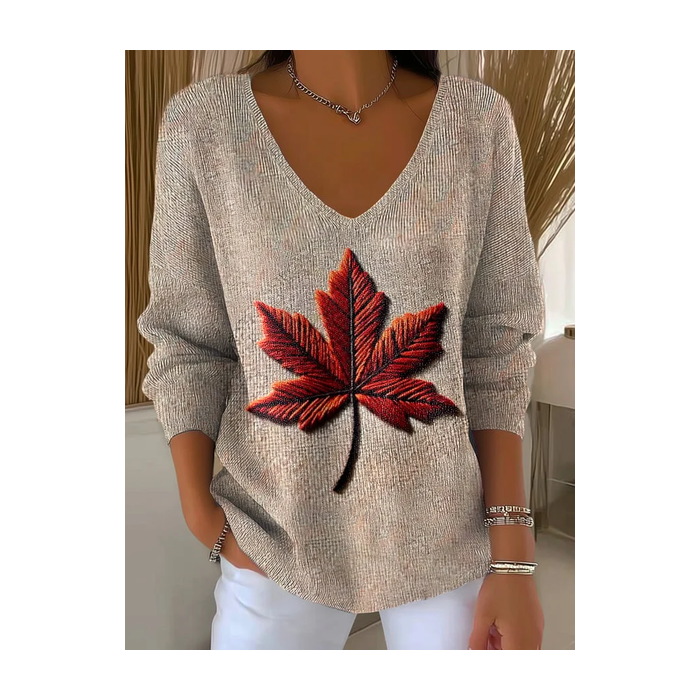 Women Maple Leaf Long Sleeve Tee T-shirt V Neck Printing Casual Spring/Fall Top