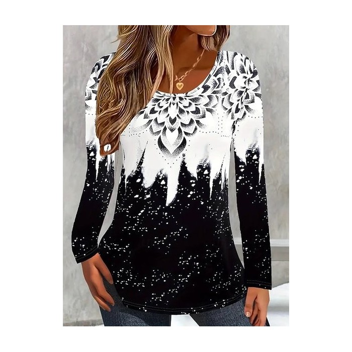 Women Floral Long Sleeve Tee T-shirt Crew Neck Casual Spring/Fall Top